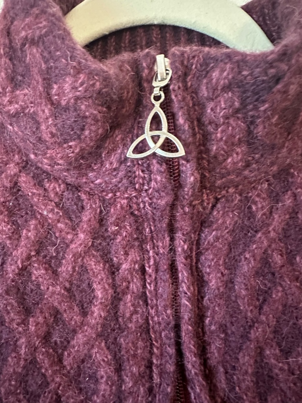Aran Crafts %100 Merino Wool Cable-Knit Full Zip Purple Cardigan Sweater - Picture 4 of 7